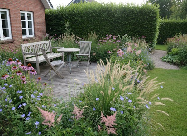 Lounge-Garten mit Gartenpflanzen rund um Terrasse und Weg