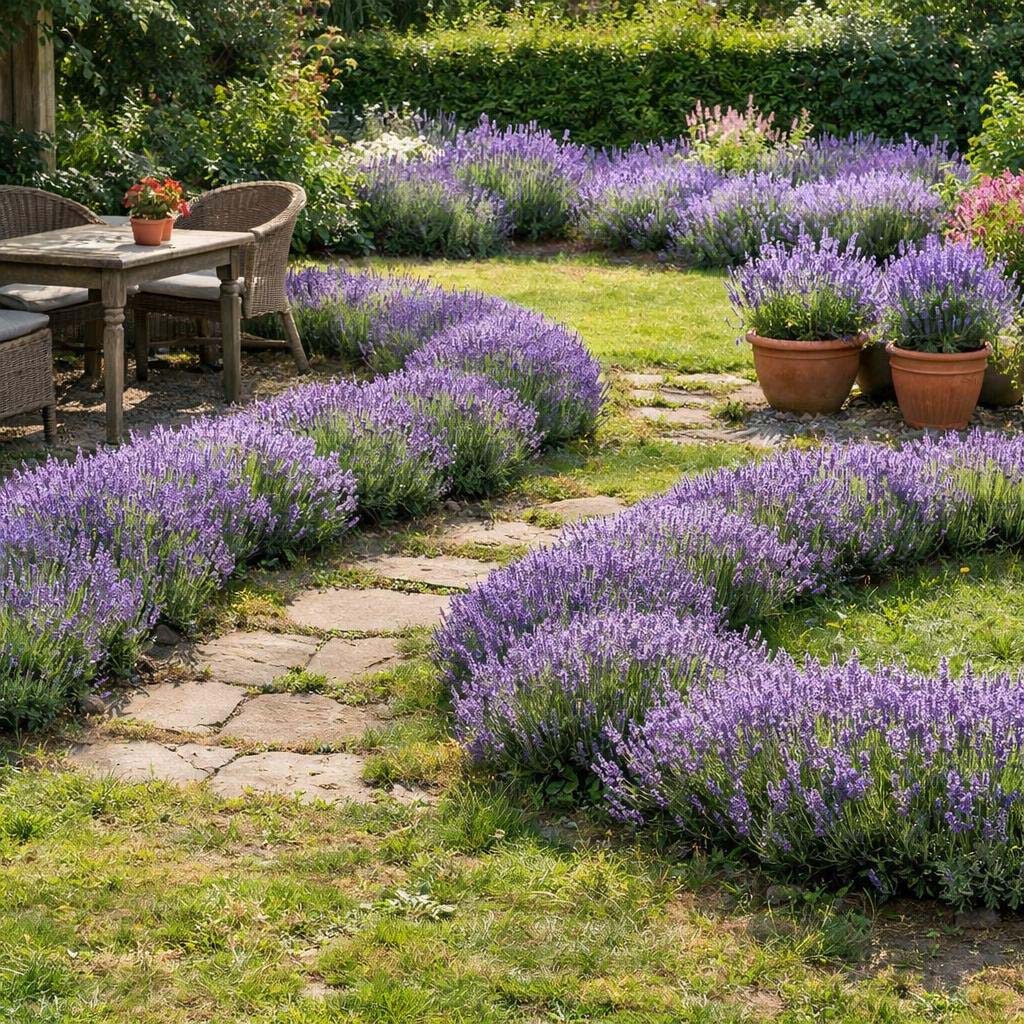 Lavendel als niedrige Hecke entlang eines Gartenwegs