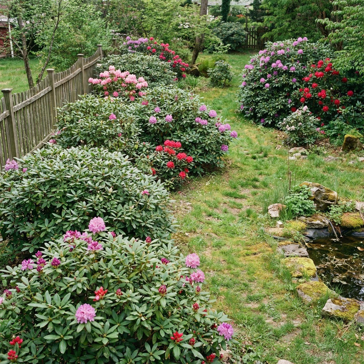 Rhododendren als natürliche Struktur in einem Garten mit Beeten