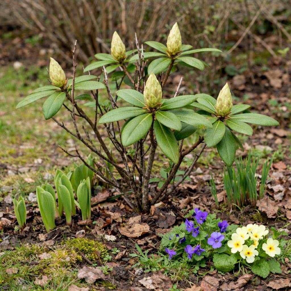 Breites Gartenbeet voller blühender Rhododendren