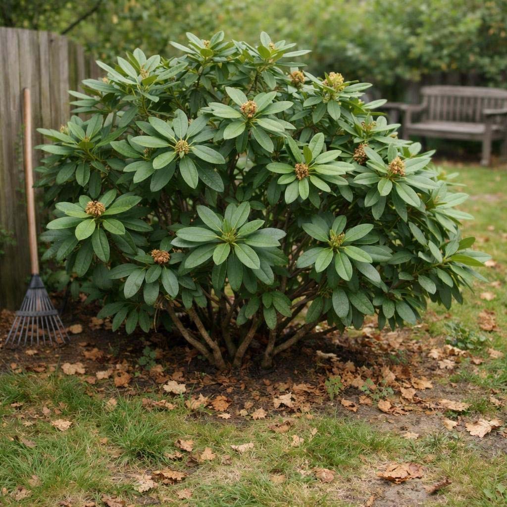 Rhododendren in einem Waldgarten mit Schatten und tiefgrünem Laub