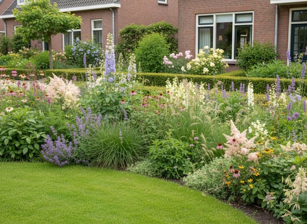 Natürlicher Garten mit blühenden Gartenpflanzen